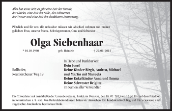 Traueranzeige von Olga Siebenhaar von Pegnitz-Zeitung